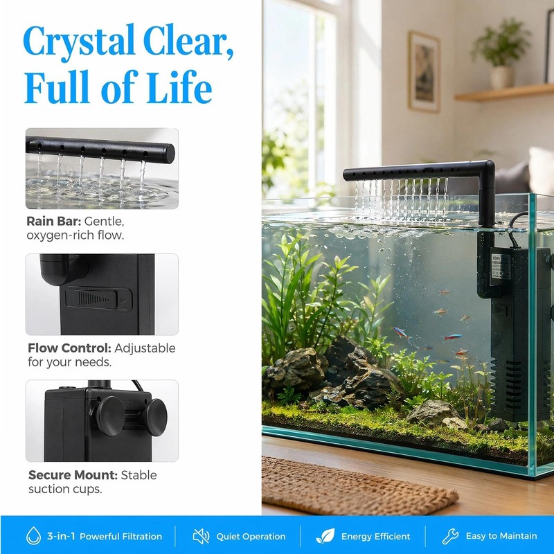 Internal Fish Tank Filter,300L/H Adjustable Flow Submersible Filters,Quiet Fish Tank