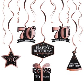 LINGTEER Happy 70th Birthday Decorations - 12 Pcs Birthday Black & Rose Gold Foil Swirls Streamer Set,Cheers to Seventy Years Old Bday Party Gift Decorations Sign.