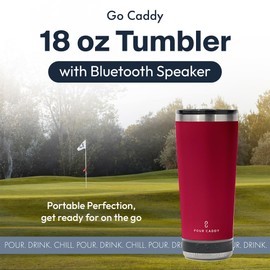 Go Caddy 18 oz Tumbler with Bluetooth Speaker, Insulated Stainless Steel Travel Cup with Lid, Hot & Cold Drink Beverage Container, Removable Speaker with Microphone, Rubber Base, Red