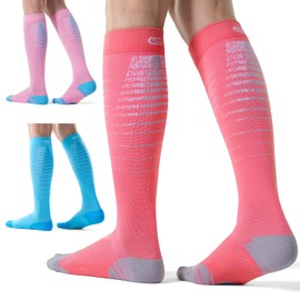 CelerSport 3 Pairs Compression Socks for Men and Women 20-30 mmHg Running Support Socks, Blue+Watermelon Red+Pink, Large/X-Large