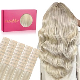 WENNALIFE Tape in Hair Extensions Human Hair, 40pcs 100g 20 inch Ash Blonde Highlighted Platinum Blonde Hair Extensions Real Human Natural Hair Straight Tape in Invisible Extensions