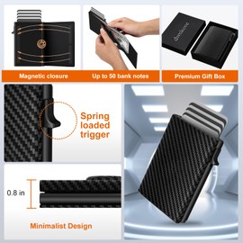 dwnkove Men's Wallet Credit Card Holder with Magnetic Closure and Coin Pocket, Leather Wallet and Card Holder, Pop Up for 9 to 14 Cards, ID Window, Cash Pocket, Slim, Carbon fibre black, Minimalist