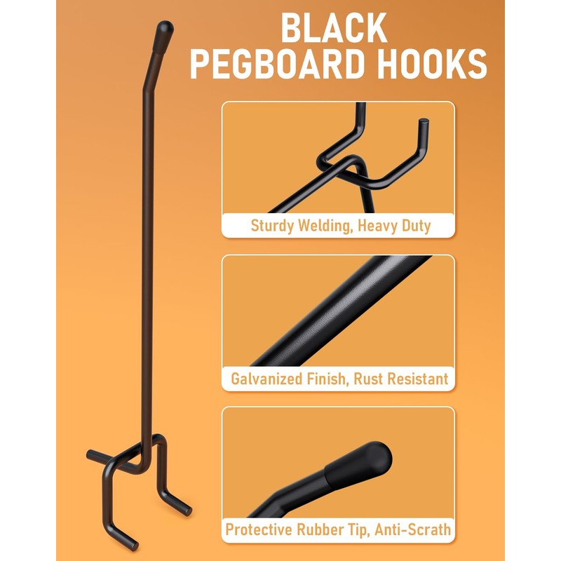 INCLY 120 Pack Black Pegboard Hooks, 4/6/8 Inch Peg Board