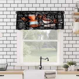 AAVEUP Coffee Valance Curtains for Kitchen,Vintage Black Hand Painted Delicious Latte Window Valances Short Panel Blackout Treatment Drapes for Bathroom Bedroom Cafe Restaurant 54x 18 in