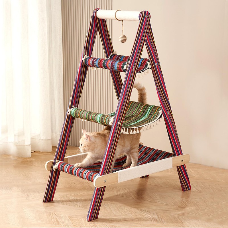 SHENGOCASE 3-Tier Modern Boho Style A Frame Wooden Cat Tree