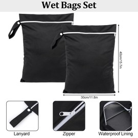 Pack of 2 Wet Bags, 40 x 30 cm Waterproof Wet Bag, Black, Reusable Laundry Bag with Zip, Wet Bag Swimming for Dirty, Beach Towels, Nappies