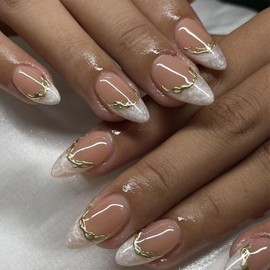 French Tip Press on Nails Short Almond Fake Nails with 3D Gold Line Designs Acrylic Nails Full Cover Glossy False Nails White Tip Glue on Nails for Women 24Pcs
