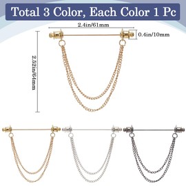 GORGECRAFT 1 Box of 3 Shirt Chains Collar Pins for Men and Women Gold Silver Black Metal Double Chain Lapel Pin Collar Bar Tassel Tie Pins Clasp Brooch Rod for Shirts Scarves