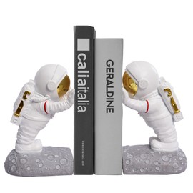 Kakizzy Space Theme Bookends for Shelves, Astronaut Bookends Kids Bookends Modern Book Stoppers to Hold Books Heavy Duty, Resin Book Ends for Space Shelves Kids (D-Silver Color)