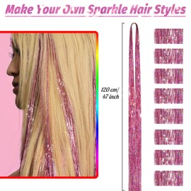 Hair Tinsel Extensions, 1200Strands Holographic Sparkle Glitter Highlights Hairpieces Colorful Straight Fairy Shiny Tinsel Long Dazzle Synthetic Hair for Women Girls Party Decoration-47Inch, Pink