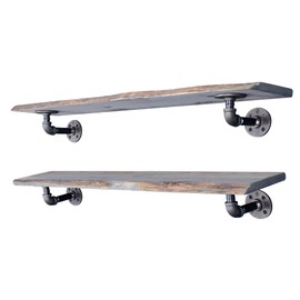 PIPE DECOR 36” Riverstone Grey Live Edge Wood Shelf with Industrial L-Shaped Pipe Brackets (2-Pack)