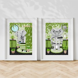 Elephant in Bath Print Set, Two Elephant in Bathroom Prints, A4 UNFRAMED Prints, Animal on Toilet Print, Black Green Bathroom Prints, Elephant Toilet Prints, Bathroom Decor, Elephant Reading Newspaper