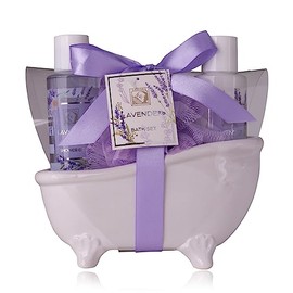 Accentra Women's Shower Set Lavender in Beautiful Ceramic Bathtub - 3-Piece Care Set with Shower Gel, Body Lotion & Mesh Sponge - Wellness Gift Set for Birthday, Valentine's Day