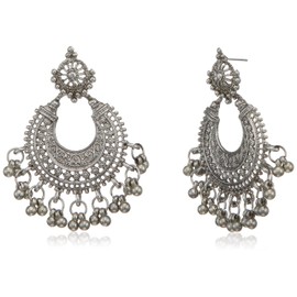 Touchstone Indian bollywood fresh trends handcrafted mesh work moon chandbali motif tribal boho chic metal beads hangings designer jewelry earrings in oxidized silver tone for women.