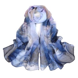Fukufuku Women's Floral Chiffon Beach Scarf, Scarf, Large, Thin, Spring, Summer, Autumn, UV Protection & Cooling Protection, Sunscreen, Seaside, Lotus Print, blue