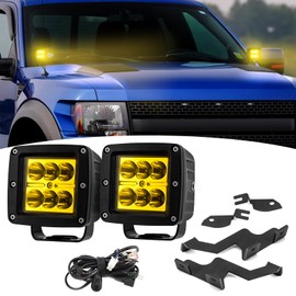 Wsays 2PCS LED Amber Light Pods & Ditch Hood Hinge LED Pod Mount Bracket w/Wiring Kit Compatible with Ford SVT Raptor(1st Generation) 2010-2014 & Fit F-150