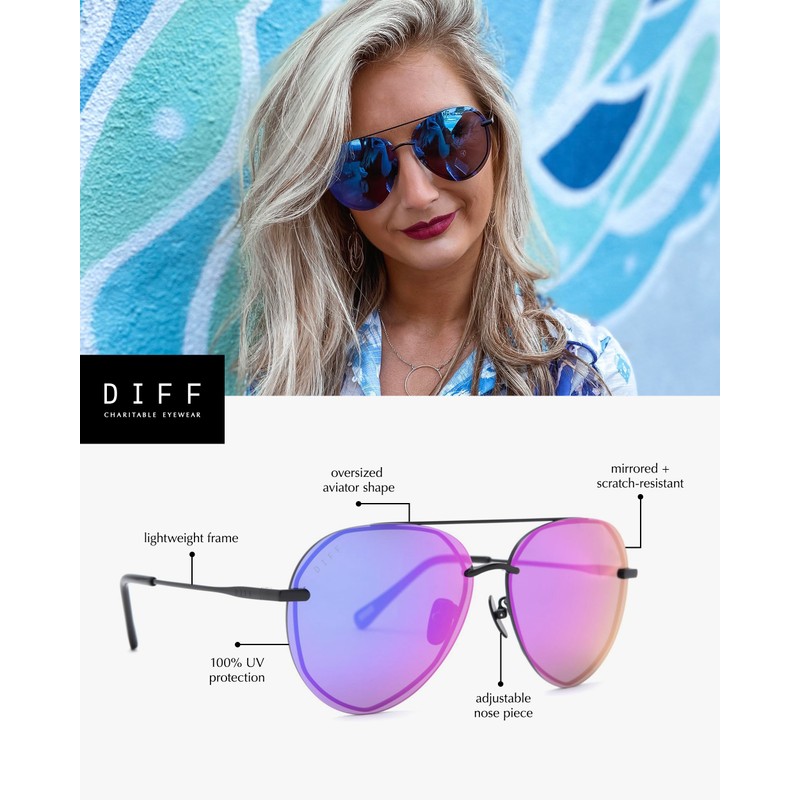 DIFF Lenox Black + Purple Mirror, Designer Oversized Aviator Sunglasses