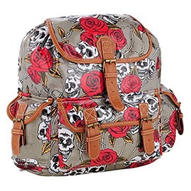 Eye Catch TM - Womens Oil Cloth Skull Roses Backpack Rucksack Girls School Bag Grey