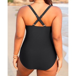 Aqua Eve - Traje de baño de una pieza para mujer, talla grande, cuello en V, control de abdomen, traje de baño retro fruncido, Sólido Negro, 14 Plus