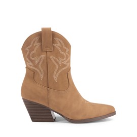 DREAM PAIRS Women's Cowboy Cowgirl Boots Embroidered Stitched Short Western Boots Low Chunky Heel Pointed Toe Ankle Booties,Size 8,Tan,DWUMAB2504