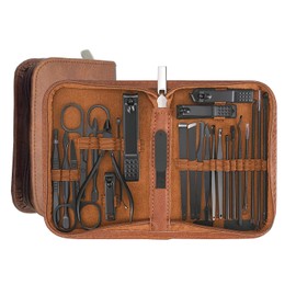 Manicure Set - Complete Stainless Steel Nail Clippers and Care Tools Set in Luxurious Leather Travel Case - Portable 26-Piece Travel Nail Kit (Brown)