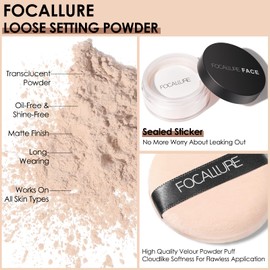 FOCALLURE Oil Control Loose Face Powder, Translucent Loose Setting Powder, Shine-Free Matte Finishing Powder, Long-lasting & Lightweight Sets Foundation Makeup, Includes Velour Powder Puff, Ivory