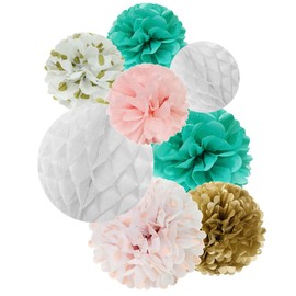 Wrapables Set of 8 Tissue Honeycomb Ball and Pom Pom Party Decorations for Weddings, Birthday Parties Baby Showers and Nursery Decor, Aqua/Light Pink/Gold/White