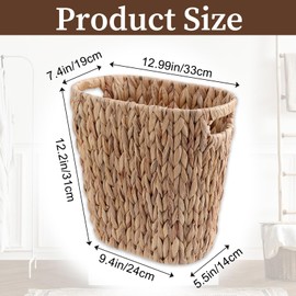 COMNICO Wicker Trash Can, Handwoven Wicker Waste Basket with Built-in Handles Bathroom Garbage Slim Trashes Bin Water Hyacinth Trash Can for Bedroom Bathroom Kitchen Office