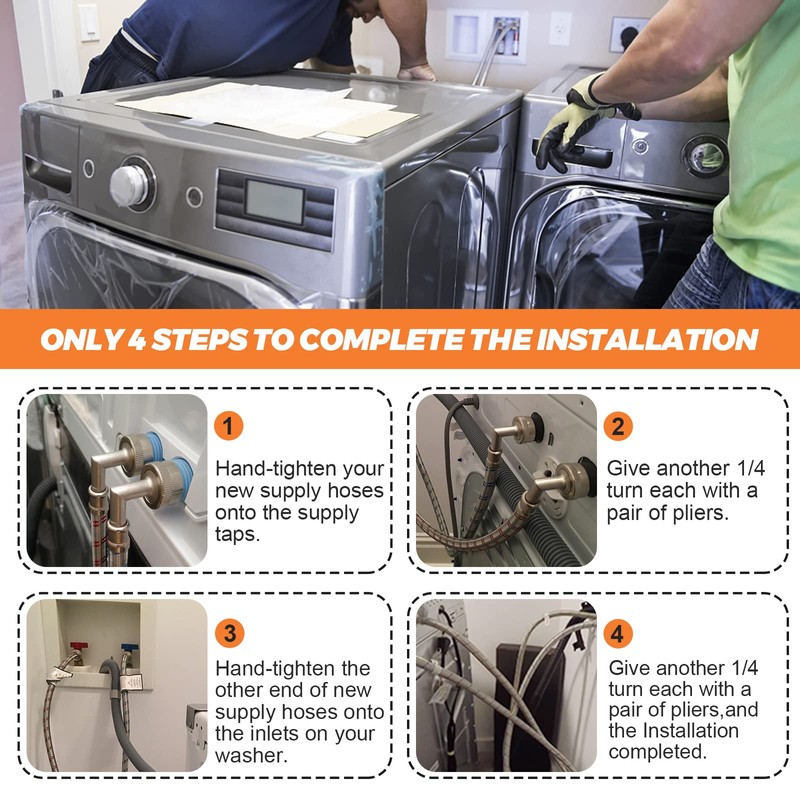 【UPGRADED】4FT Stainless Steel Washer Hoses with 90 Degree Elbows by