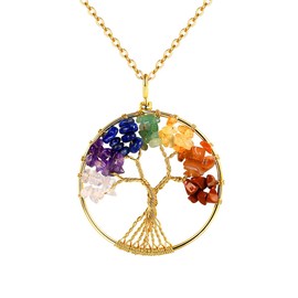 FOCALOOK Women's Round Pendant Necklace with Tree of Life 7 Stone Chakra Reiki Energy Therapy Girls Healing Fashion Jewellery for Women, Stainless Steel