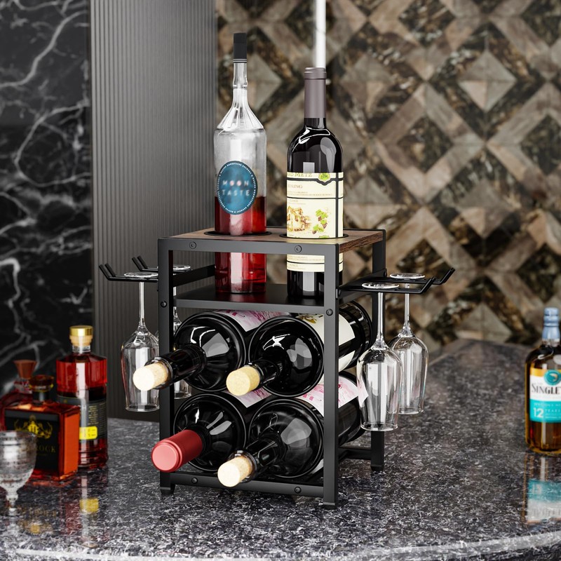 KLM Wine Rack Countertop, 6 Bottle 4 Glass Holder, Modern
