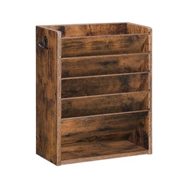 CHOEZON Wall File Organizer, 6-Tier Vertical Mount Hanging Holder with 2 Side Hooks, Vintage Wooden Magazine Storage Crate with Bottom Flat Tray, Desk Organizer, for Office, Home, Rustic Brown MWJ01FG
