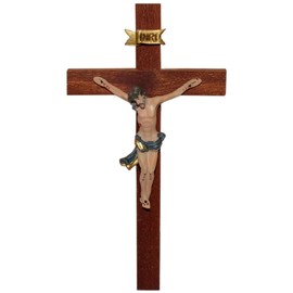 Kaltner Präsente Geschenkidee: 15 cm Wandkreuz Kruzifix aus Holz Fichte mahagoni farbig gebeizt - Handgemalte Jesus Christus Figur aus hochwertigen Kunstguss aus Resin – Dekoration