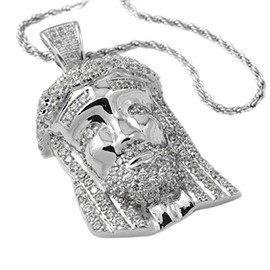 Niv's Bling 18K White Gold Plated CZ Iced Mini Jesus Piece Pendant with Rope Chain