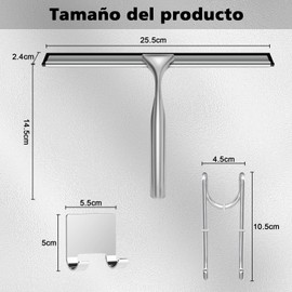 WADAYEY Escobilla de Goma para Ducha de Acero Inoxidable - Limpiador Multiusos para Puertas de Vidrio de Ducha, Ventanas de Baño, Espejos de Cocina y Cristales de Coche con Ganchos de Soporte (Plata)