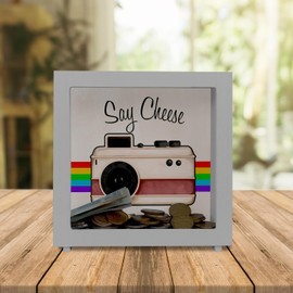 Say Cheese Wooden Money Box with Retro Camera Motif, Beautiful Money Box for Photographers in Retro Look as a Gift to Save for a New Camera or Equipment