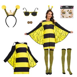 RISINGOR Bee Costumes for Adults, Bumblebee Bee Costume Women with Headband Sunglasses Sticker Stud Earrings Socks Yellow Honey Bee Dress Bees Fancy Dress Costumes for Carnival Cosplay Party (XXL)