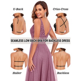 Low Back Bra Seamless Padded Bralettes for Women V Neck Mutiway Bras Halter Thin Strap Invisible Backless Bralette, Black, S