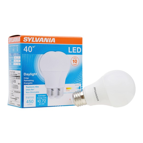 SYLVANIA LED Light Bulb, 40W Equivalent A19, Efficient 6W, Medium Base, Frosted Finish, 450 Lumens, Daylight ,2 Count (Pack of 1)