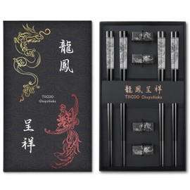Metal Chopsticks Reusable 18/8 Stainless Steel Chopsticks Chinese Dragon and Phoenix Chopsticks with Holder Chinese Traditional Stylish Gift Set (4 Pairs) (Blcak)