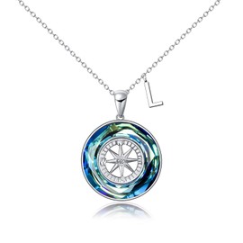 AOBOCO Compass Necklace 925 Sterling Silver L Initial Letter Pendant with Blue Circle Crystal, Graduation Jewelry Gifts for Her Women College Student Graduate