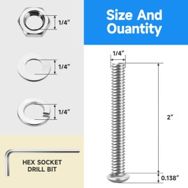(20 Sets) 1/4-20 Bolt, 1/4 x 2 Button Head Socket Cap Bolts Screws, Assorted Screws Nuts and Bolts, Fully Threaded, 1/4 20 Stainless Steel Bolts (304) by Marysino