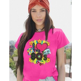ASTANFY 80s Workout Costume Outfit for Women I Love The 80's T-Shirt 80s Outfit Hip Hop Party Tee Birthday Theme Party Gift Hot Pink