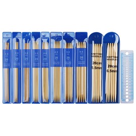 Aeelike 10 Sizes Knitting Needles Bamboo Knitting Needles Set, 2.0-6.5 mm Double Tips Sock Knitting Needles Knitting Needle Set with Needle Gauge, 20 cm Lightweight Handmade Needle Set for Knitting