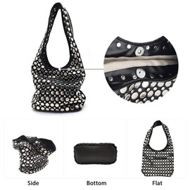 Qiannaura Y2K Vegan Leather Hobo Shoulder Bag - 90s Punk Studded Crossbody Purse for Women, Metal Studs Tote Handbag Fall Trend Top Handle Bag, Black