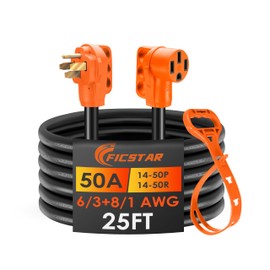 Ficstar 25FT 50 Amp RV/Generator Extension Cord Outdoor with Grip Handle,125/250V,12500W, 4 Prong,Heavy Duty 6/3+8/1 Gauge STW,NEMA 14-50P to 14-50R with LED Power Indicator & Polarity Lamp,ETL Listed
