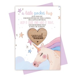 Unicorn Little Pocket Hug Token With Postcard for a Special Friend - Wooden Heart Keepsake - Thinking Of You Miss You Card