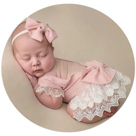 Newborn Girl Photoshoot Outfit & Props - Lace Romper & Headband for Infant Baby Photography (0-9 Months) (Baby Pink, 0-1M)