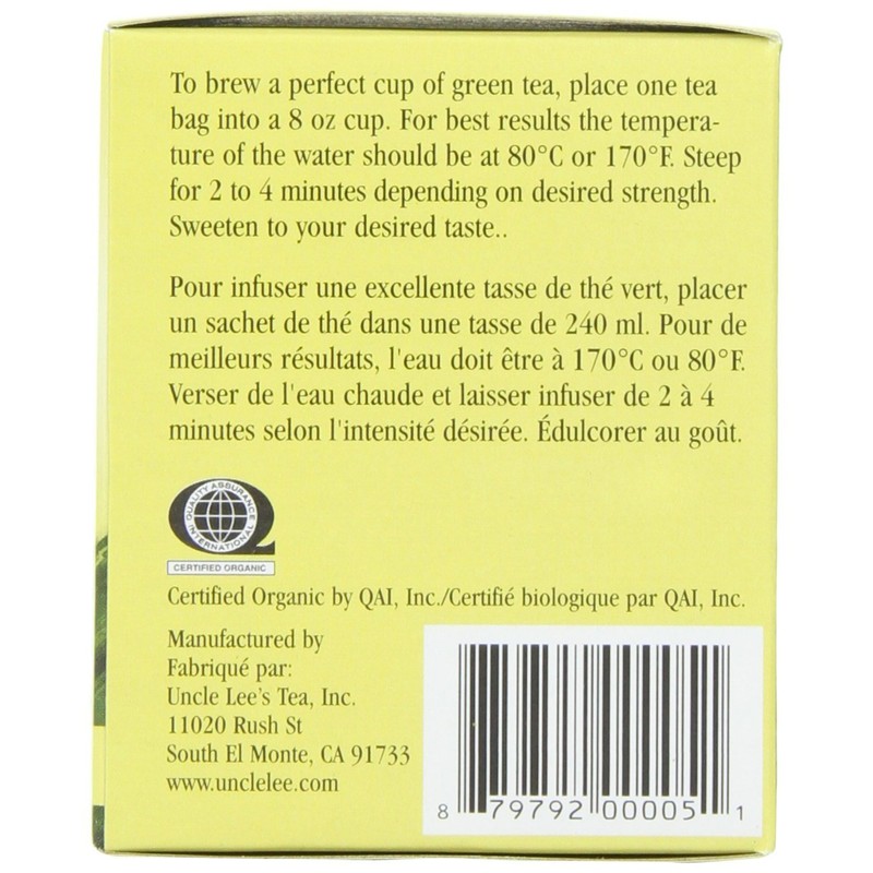 Uncle Lee's Tea Organic Lemon Ginger Green Tea, 100% Natural