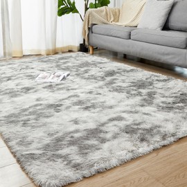 Humube 5x7 Shag Area Rugs for Bedroom, 5.3x7.5 Feet Indoor Soft Shaggy Rugs for Living Room, Anti-Slip Fluffy Fuzzy Furry Plush Rugs for Kids Girls Room Decor, Tie-Dyed Light Grey